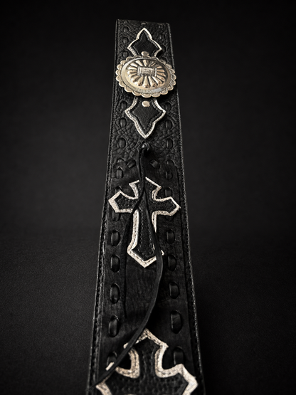 ANJIN handmade leather guitar strap end detail, genuine cowhide from Japan