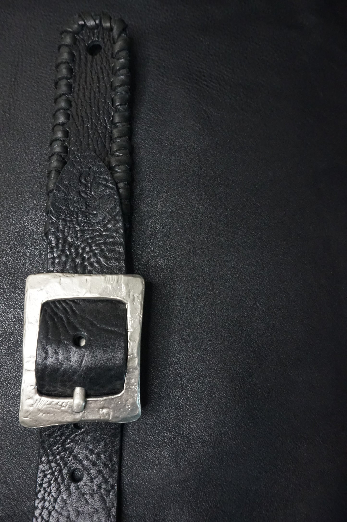 Close-up of nickel buckle on ASHIGARU TsukasaJames handmade leather strap