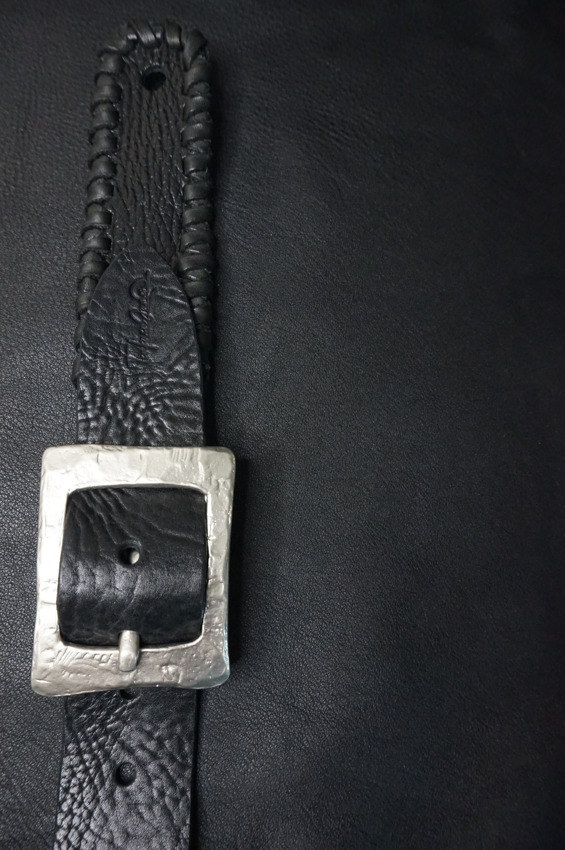 Close-up of nickel buckle on ASHIGARU TsukasaJames handmade leather strap