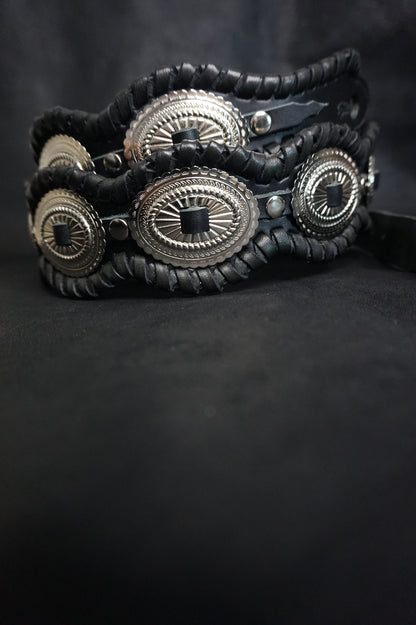 Concho row on BLACK RAIDEN handmade black leather guitar strap from Japan