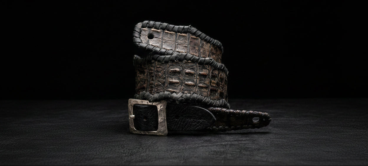 EN-RYU ARMOR handmade leather guitar strap made in Japan, scorched  croc-embossed cowhide with aged bronze