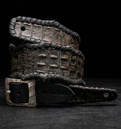 EN-RYU ARMOR handmade leather guitar strap made in Japan, scorched  croc-embossed cowhide with aged bronze