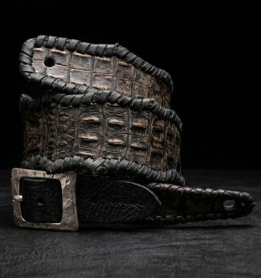 EN-RYU ARMOR handmade leather guitar strap made in Japan, scorched  croc-embossed cowhide with aged bronze