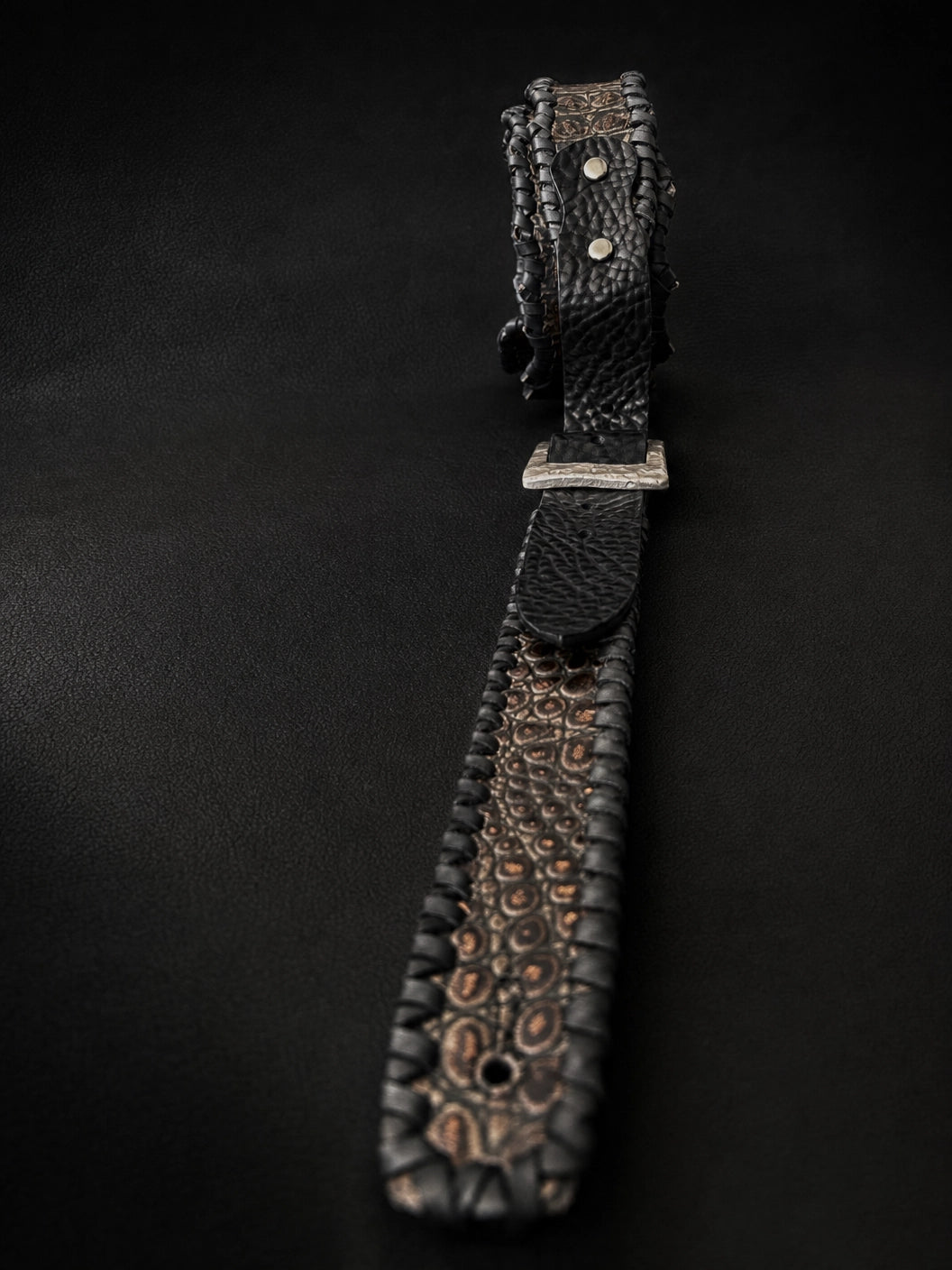Black croc-embossed leather texture on EN-RYU ARMOR handmade guitar strap from Japan