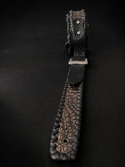 Black croc-embossed leather texture on EN-RYU ARMOR handmade guitar strap from Japan