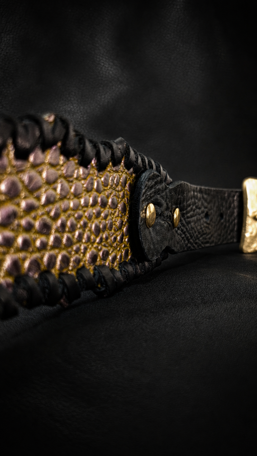 Top view of EN-RYU gold leather guitar strap showing full width and texture