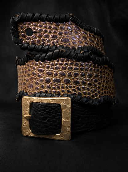EN-RYU "炎龍" handmade leather guitar strap made in Japan, gold croc-embossed cowhide
