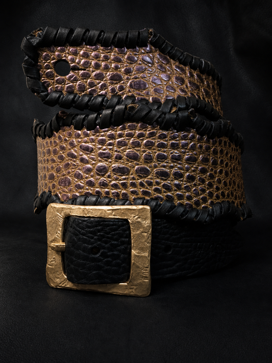 EN-RYU "炎龍" handmade leather guitar strap made in Japan, gold croc-embossed cowhide
