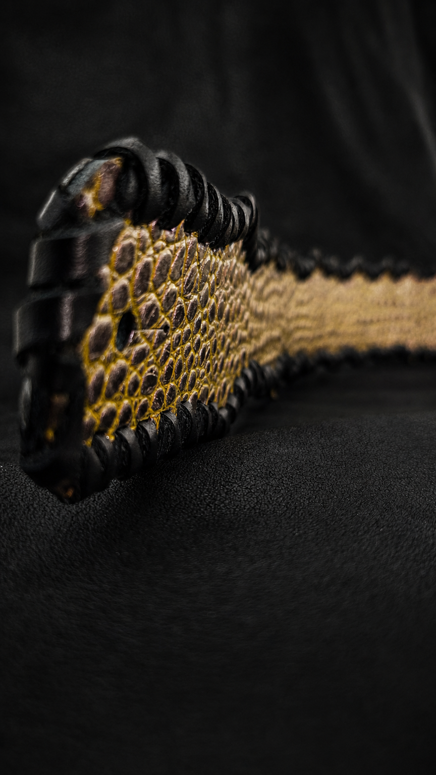 Gold leather surface detail on EN-RYU handmade guitar strap, TsukasaJames