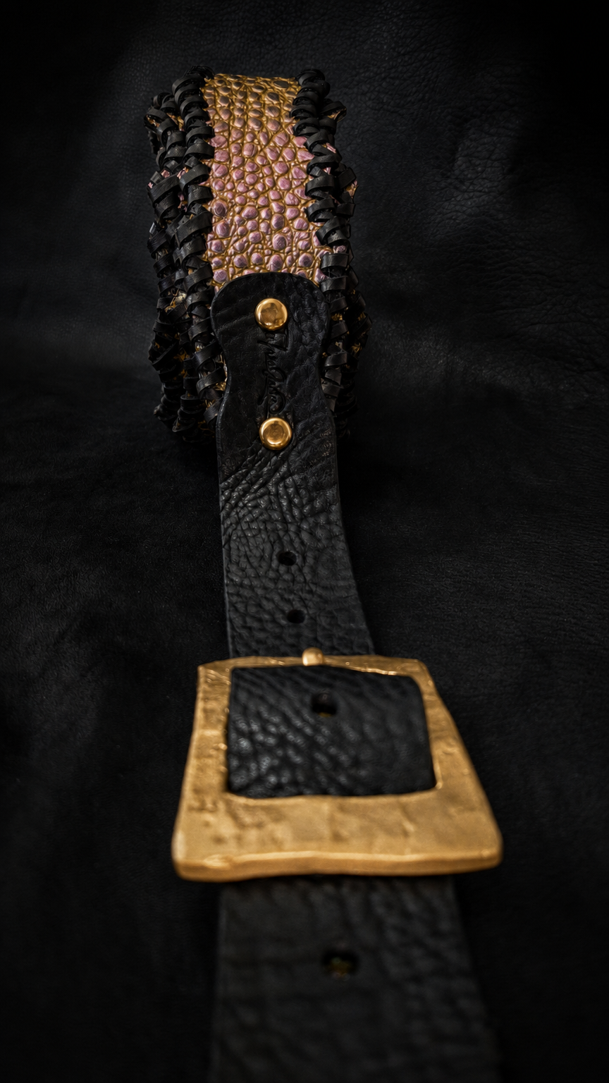 Buckle detail on EN-RYU handmade leather guitar strap, gold hardware