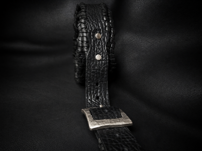 Buckle detail on HINAWA handmade leather guitar strap, nickel hardware
