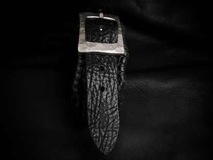 HINAWA handmade black leather guitar strap end detail, genuine cowhide from Japan