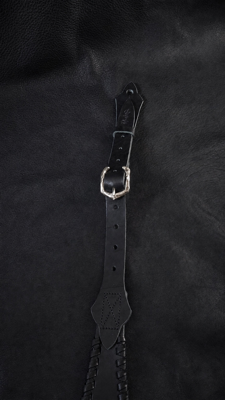 Black leather guitar strap buckle detail on NINJA WIDE TsukasaJames strap