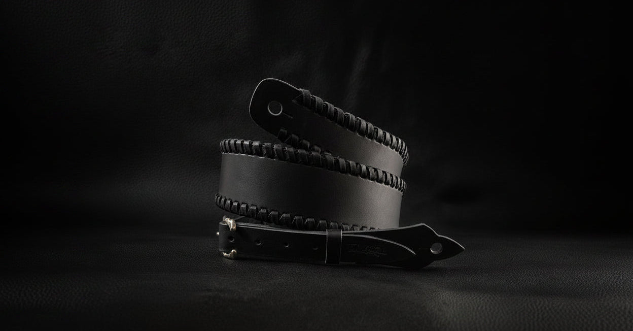 NINJA WIDE handmade black leather guitar strap made in Japan, full length view