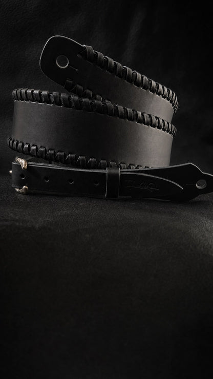 NINJA WIDE handmade black leather guitar strap made in Japan, full length view