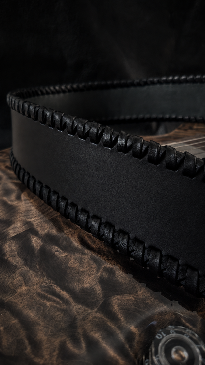 NINJA WIDE leather guitar strap detail showing stitching and leather grain