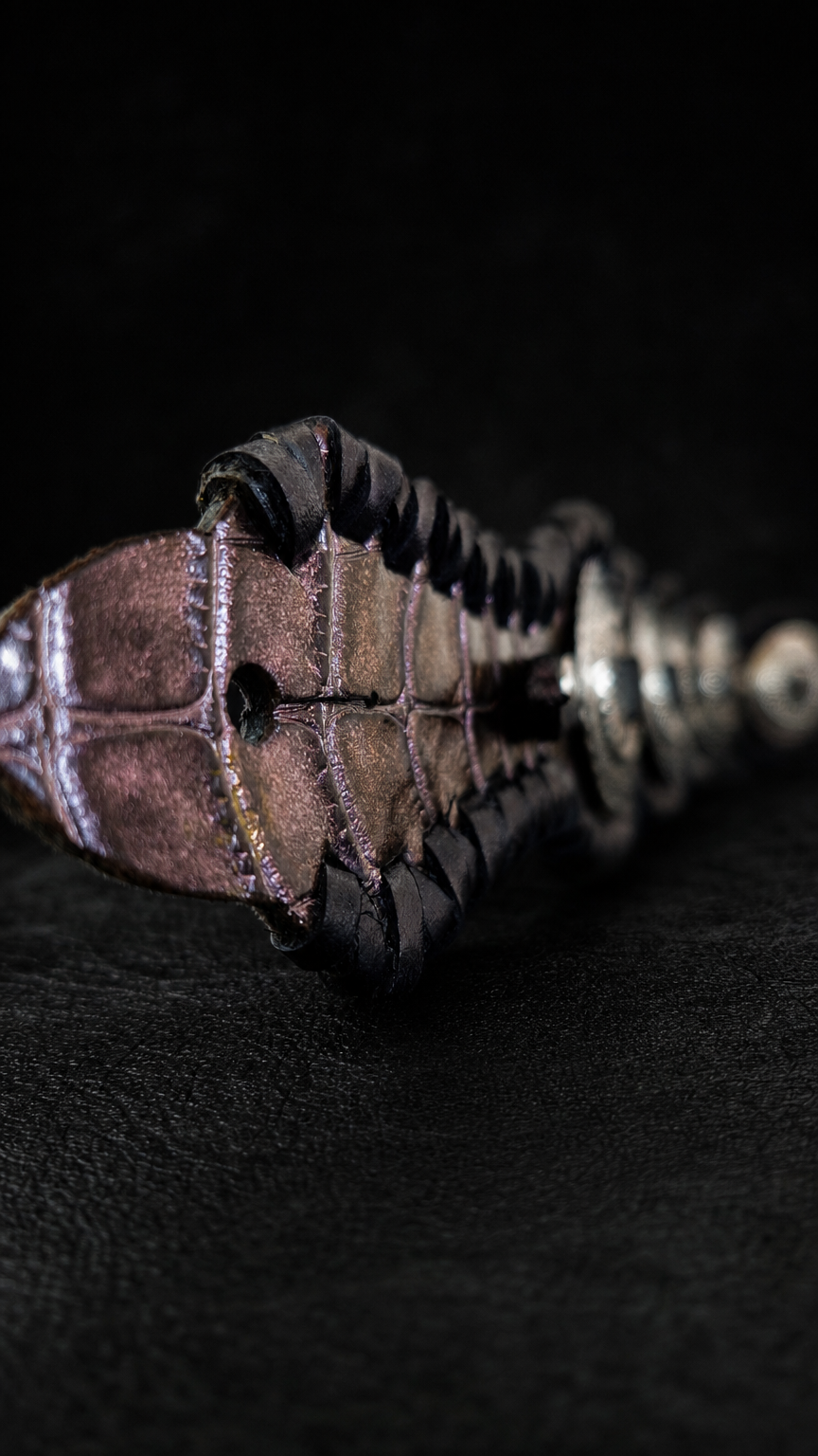 Iridescent purple crystal concho on RAIDEN TsukasaJames guitar strap