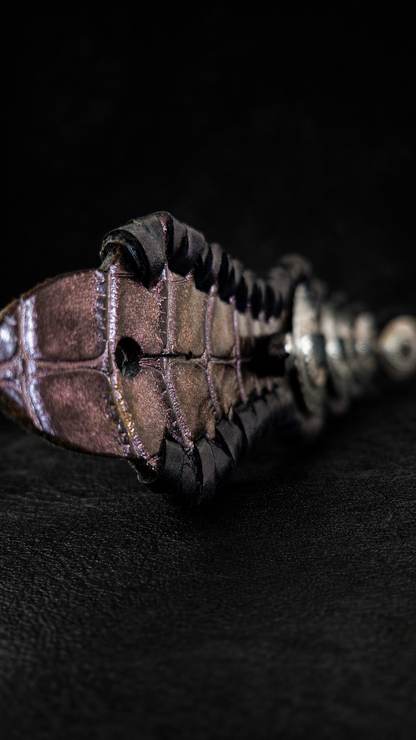 Iridescent purple crystal concho on RAIDEN TsukasaJames guitar strap
