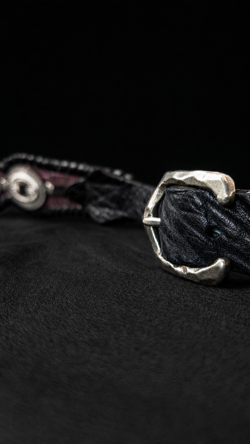 Buckle detail on RAIDEN handmade leather guitar strap from Japan