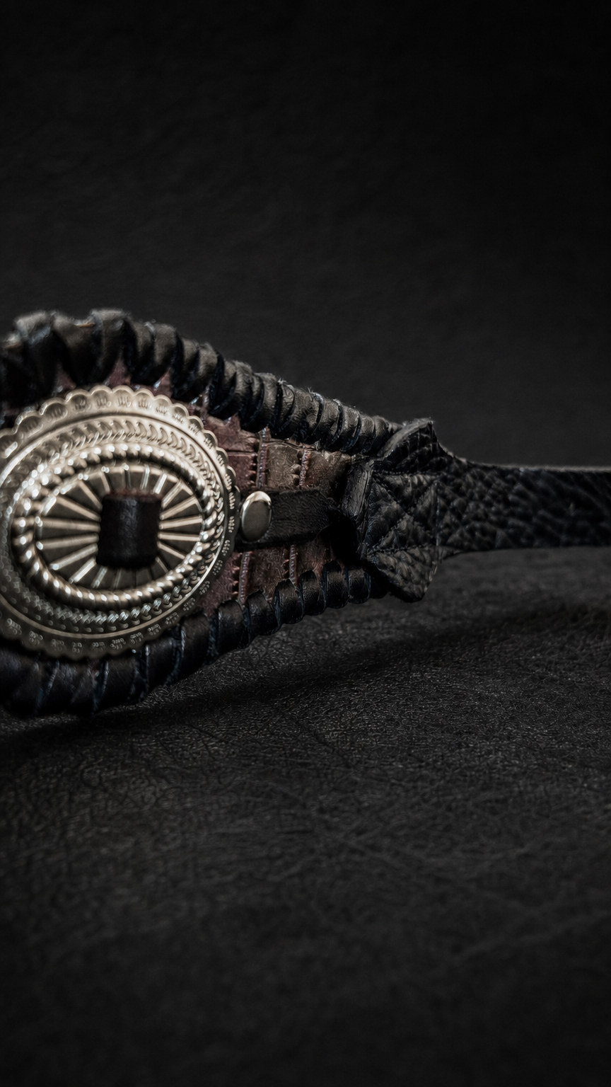 Side view of RAIDEN leather guitar strap showing texture and conchos
