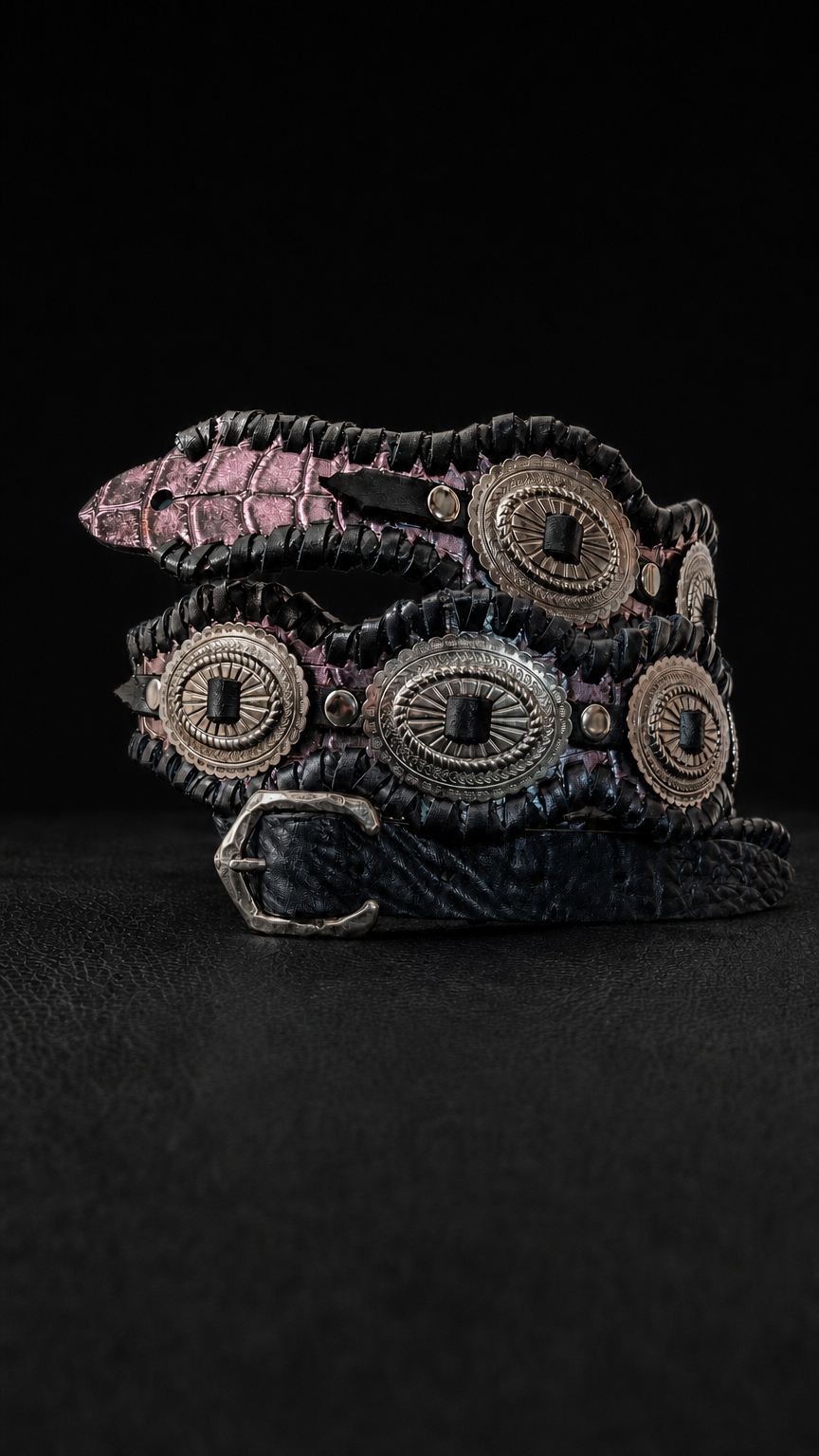 RAIDEN handmade leather guitar strap made in Japan, iridescent purple croc-embossed cowhide with 12 conchos